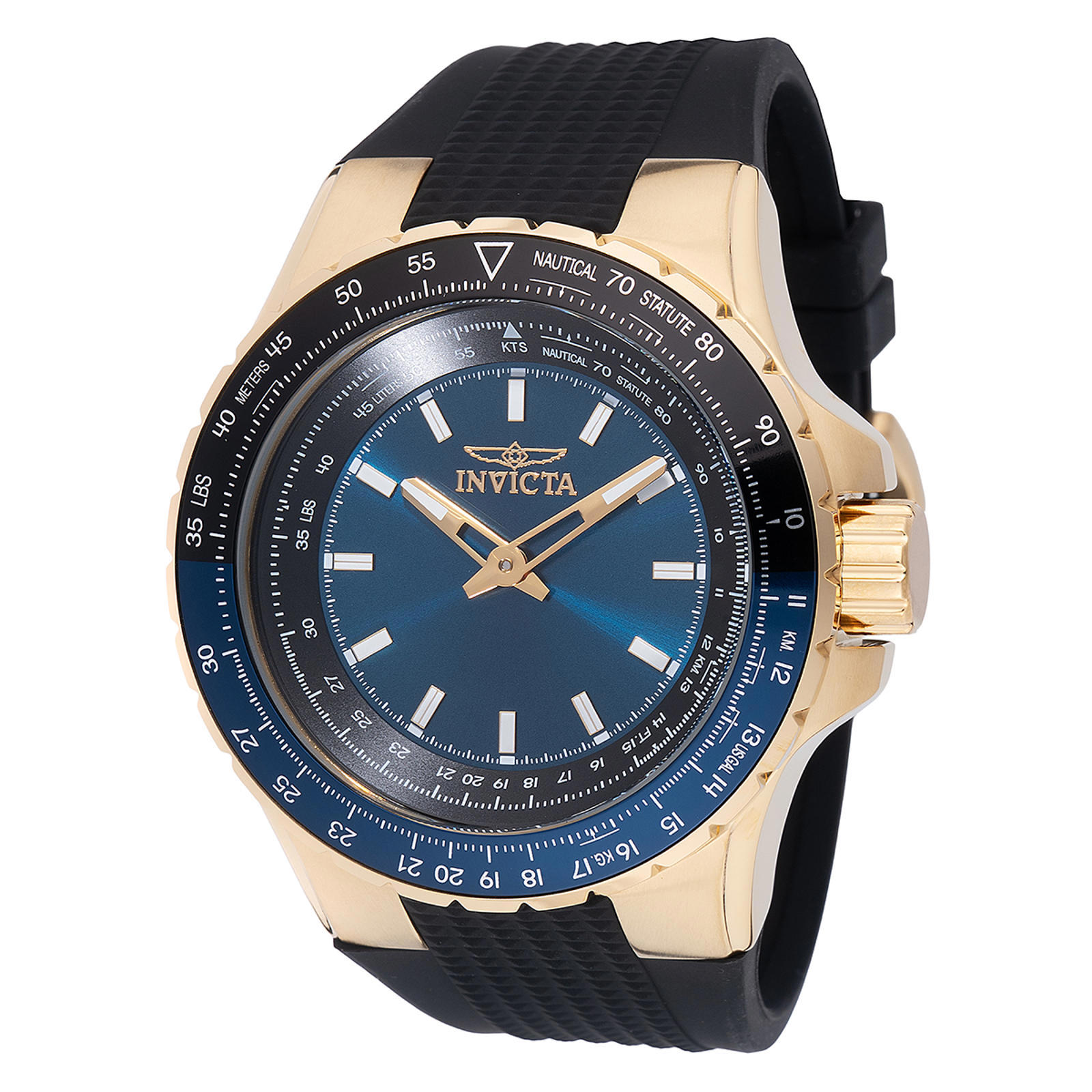Invicta Mens Gold Tone Blue Dial Black Rubber Strap Watch